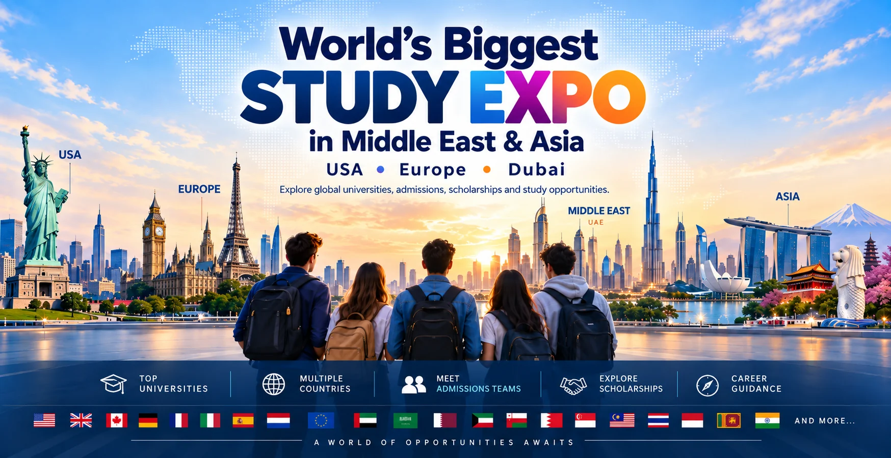 World Study Expo 2027 poster: students looking out over a skyline of study destinations including the USA, Europe, the Middle East and Asia.