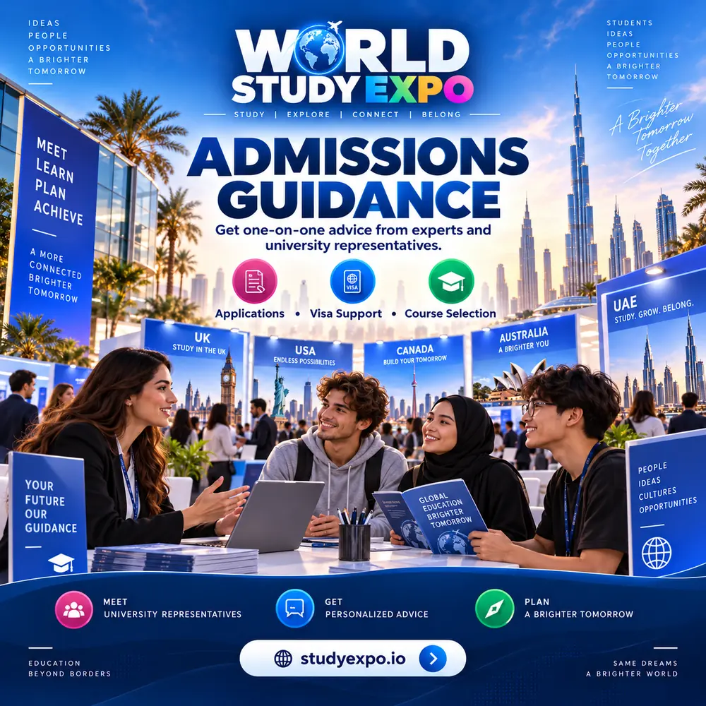 World Study Expo poster: one-on-one admissions guidance from university representatives