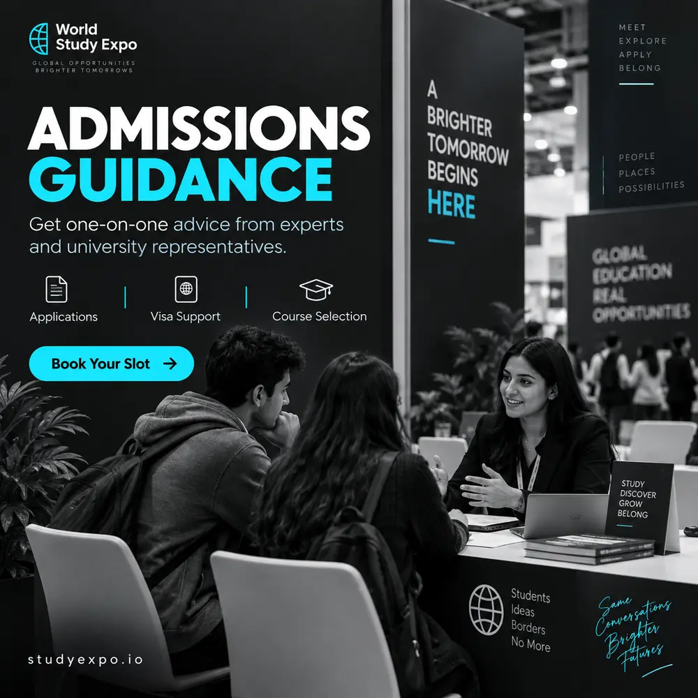 World Study Expo poster: admissions guidance, one-on-one advice at the fair