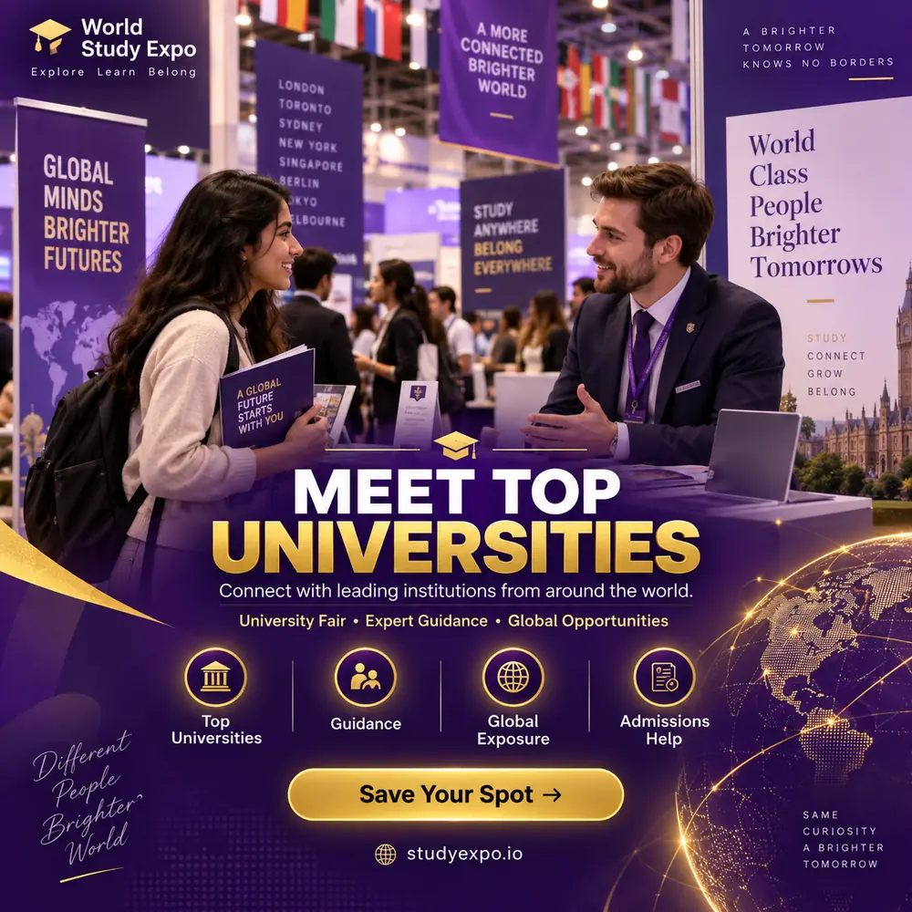 World Study Expo poster: meet top universities at the fair, an admissions officer talking with a student