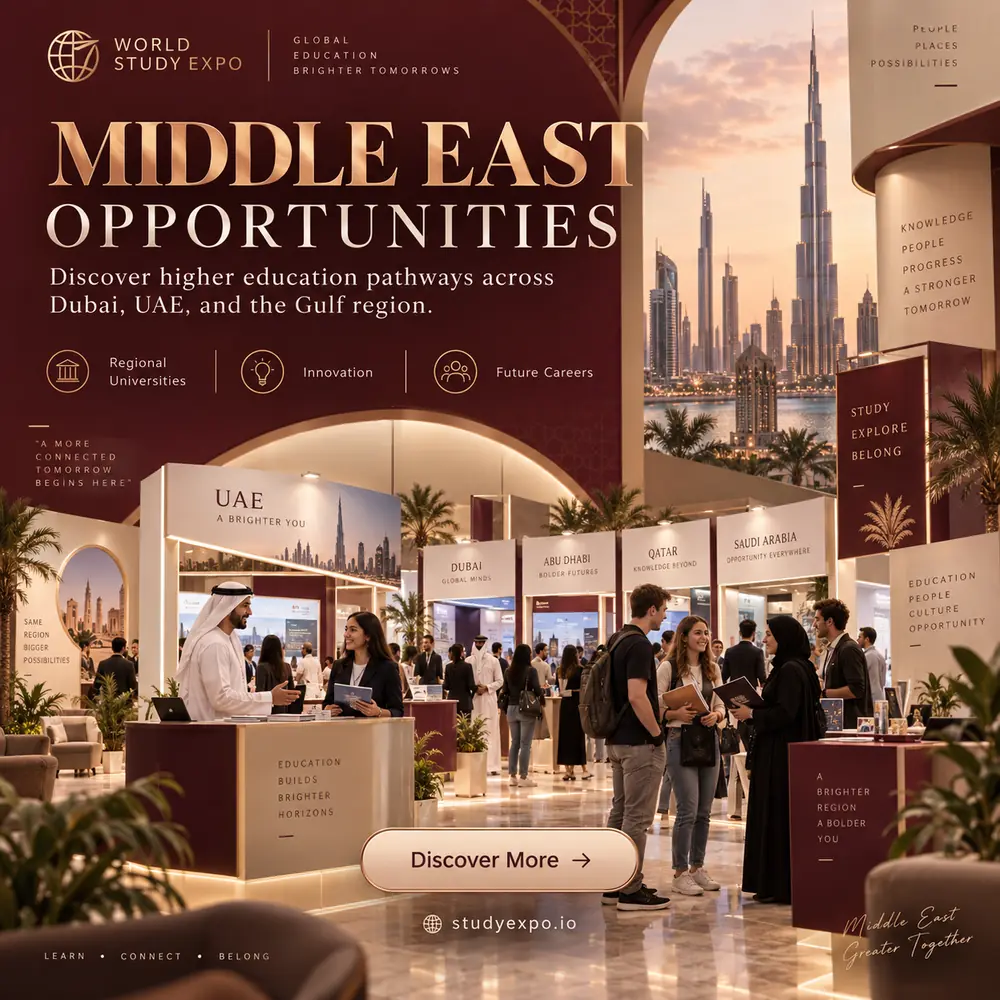 World Study Expo poster: university stands at the Middle East exhibition