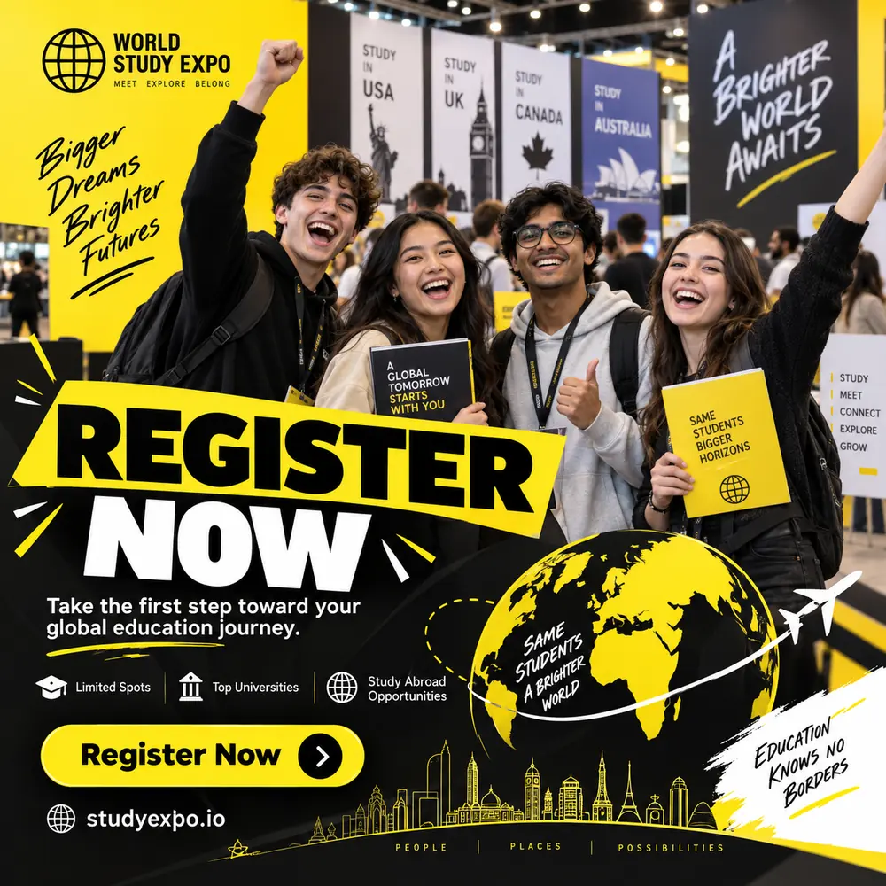 World Study Expo poster: register now, take the first step toward your global education journey
