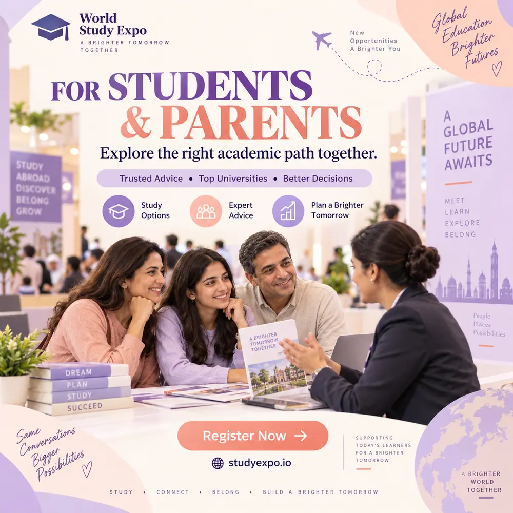 World Study Expo poster: for students and parents, a family with an admissions adviser
