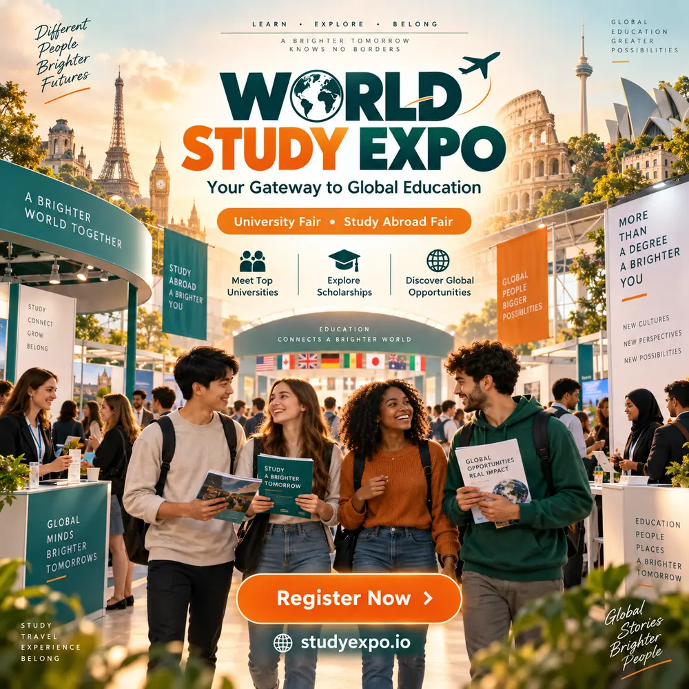 World Study Expo poster: students at the university fair